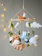 Farm mobile with Cow, Pig, Chicken, Horse, Tractor, Sheep, Cow and leaves - Minidreams Decor