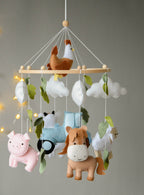 Farm mobile with Cow, Pig, Chicken, Horse, Tractor, Sheep, Cow and leaves - Minidreams Decor
