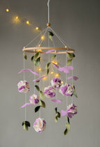 Floral mobile with purple white flower, butterfly and leaves - Minidreams Decor
