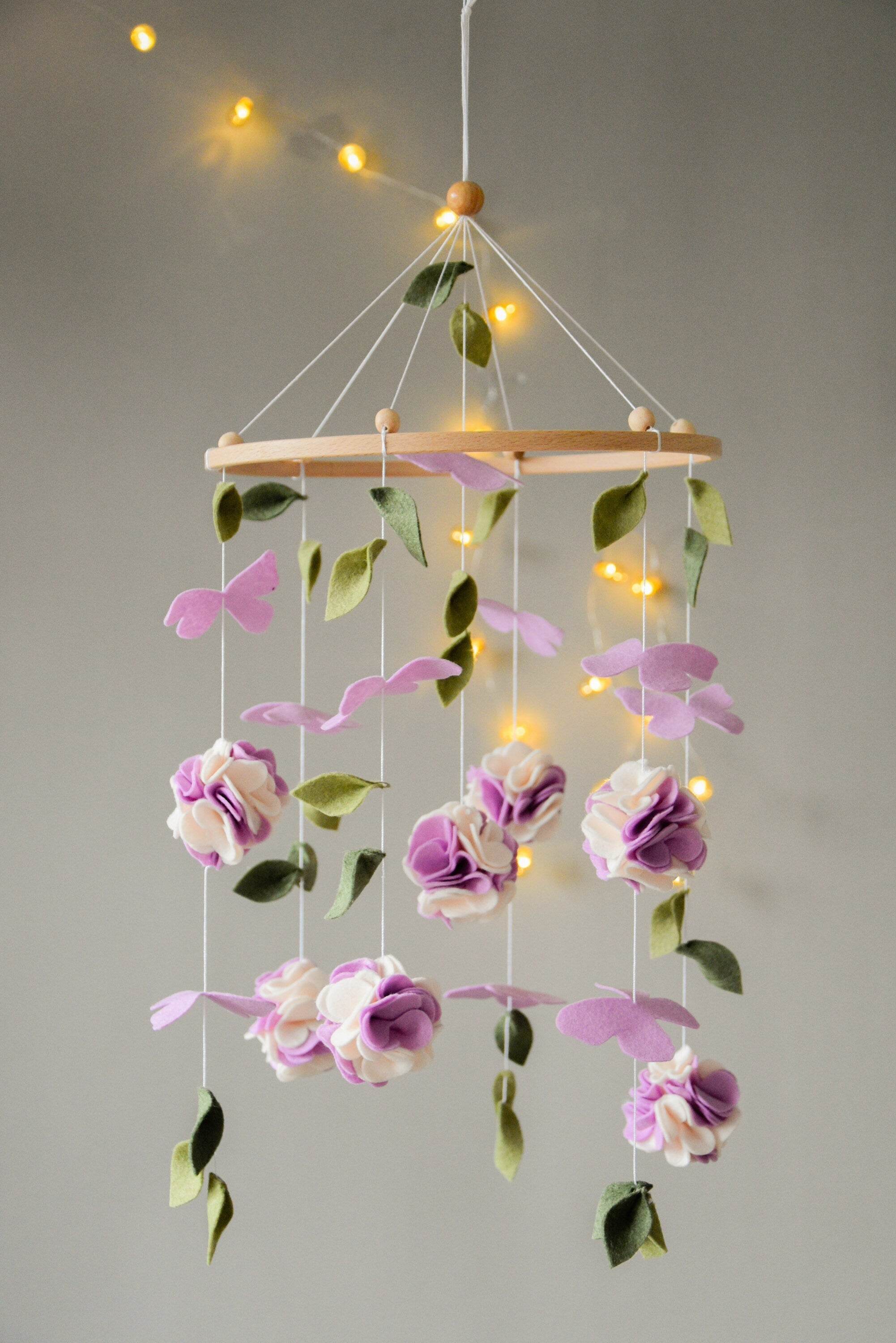 Floral mobile with purple white flower, butterfly and leaves - Minidreams Decor