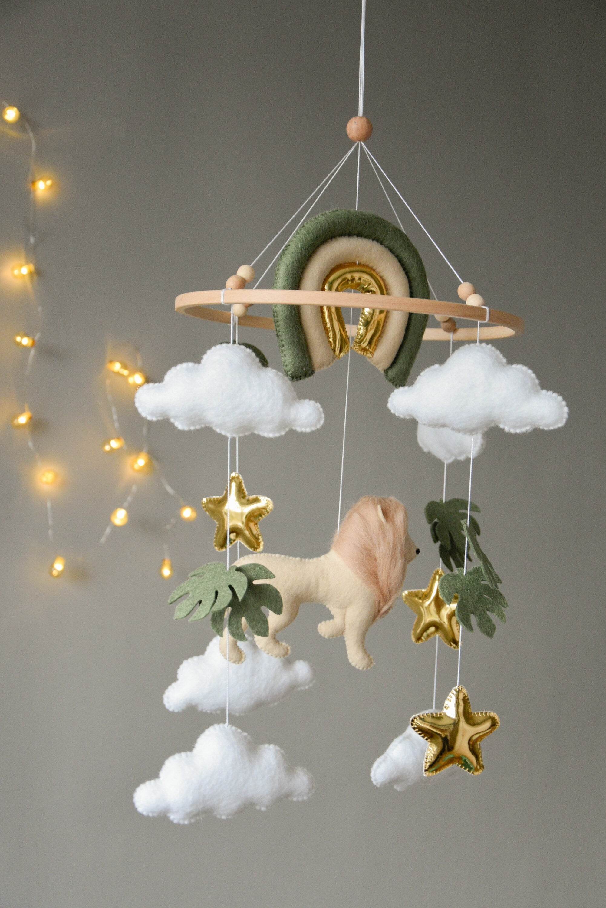Baby mobile with Lion, golden stars clouds, monstera leaves and rainbow - Minidreams Decor