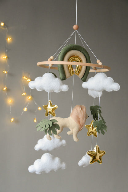 Baby mobile with Lion, golden stars clouds, monstera leaves and rainbow