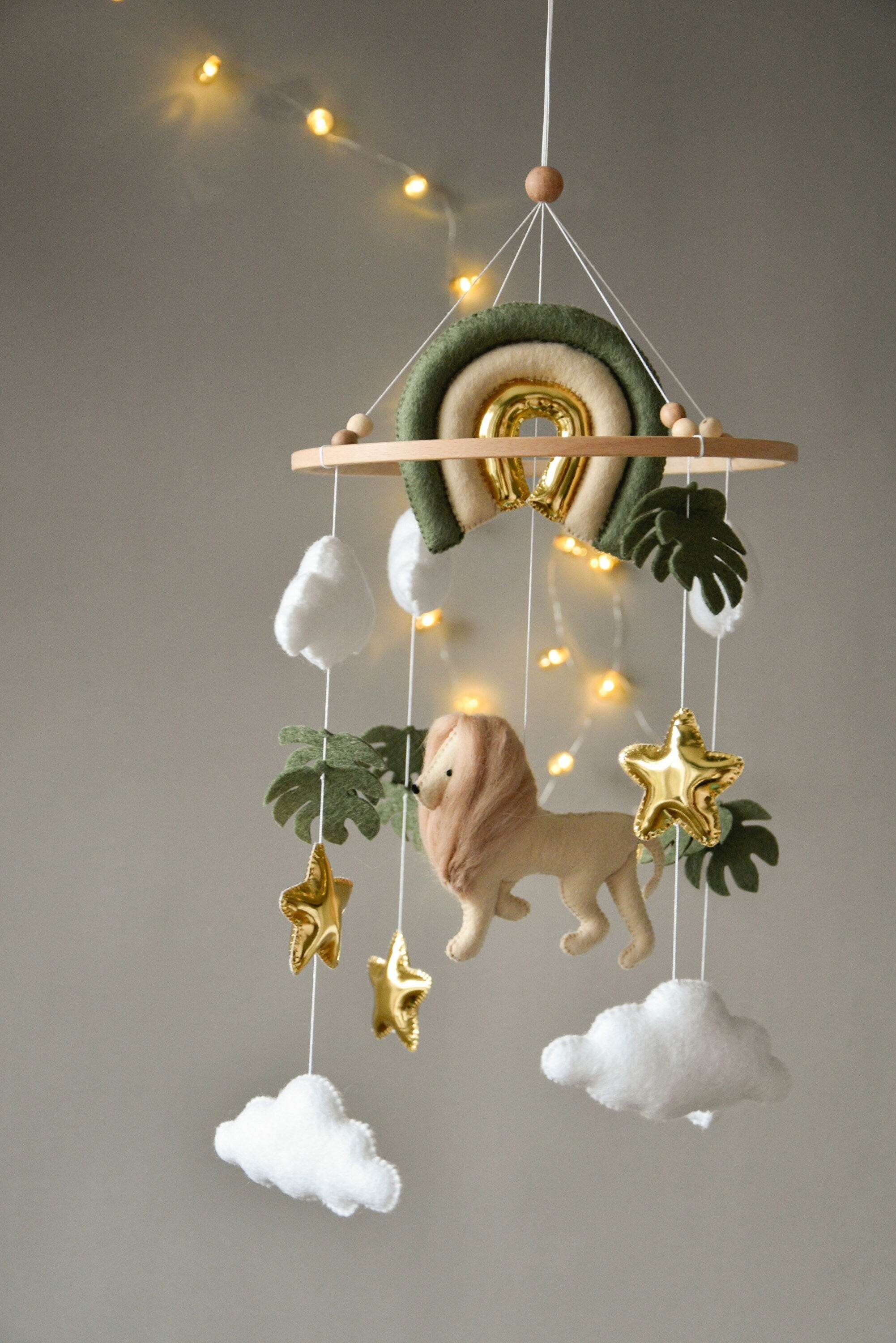 Baby mobile with Lion, golden stars clouds, monstera leaves and rainbow - Minidreams Decor