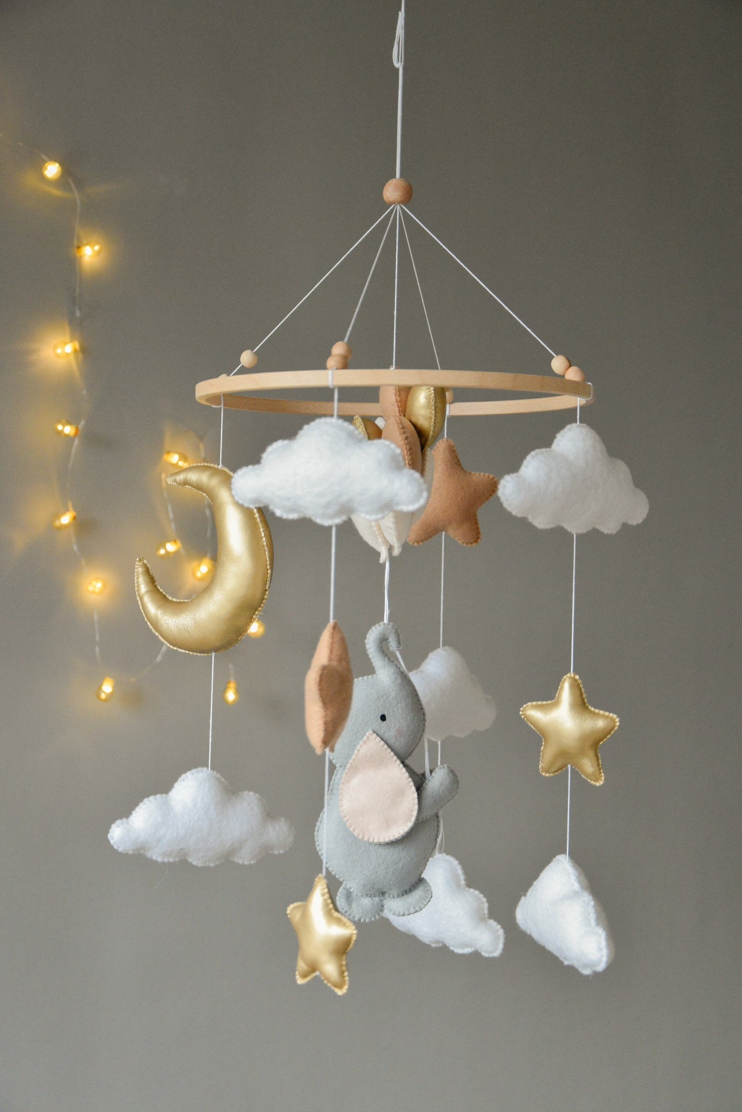 Baby mobile with elephant, moon, clouds and stars