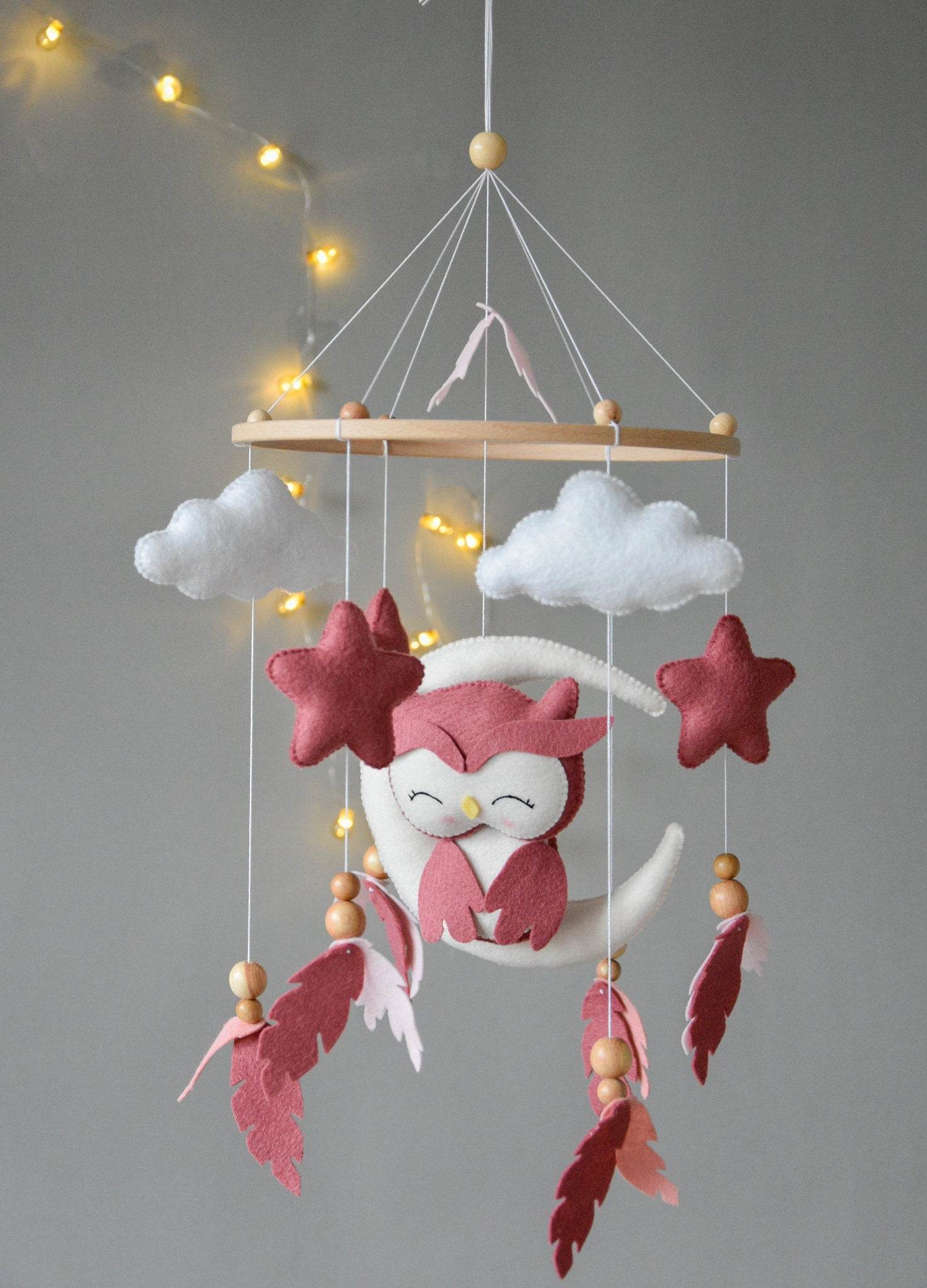 Owl Mobile with clouds and feathers - Minidreams Decor