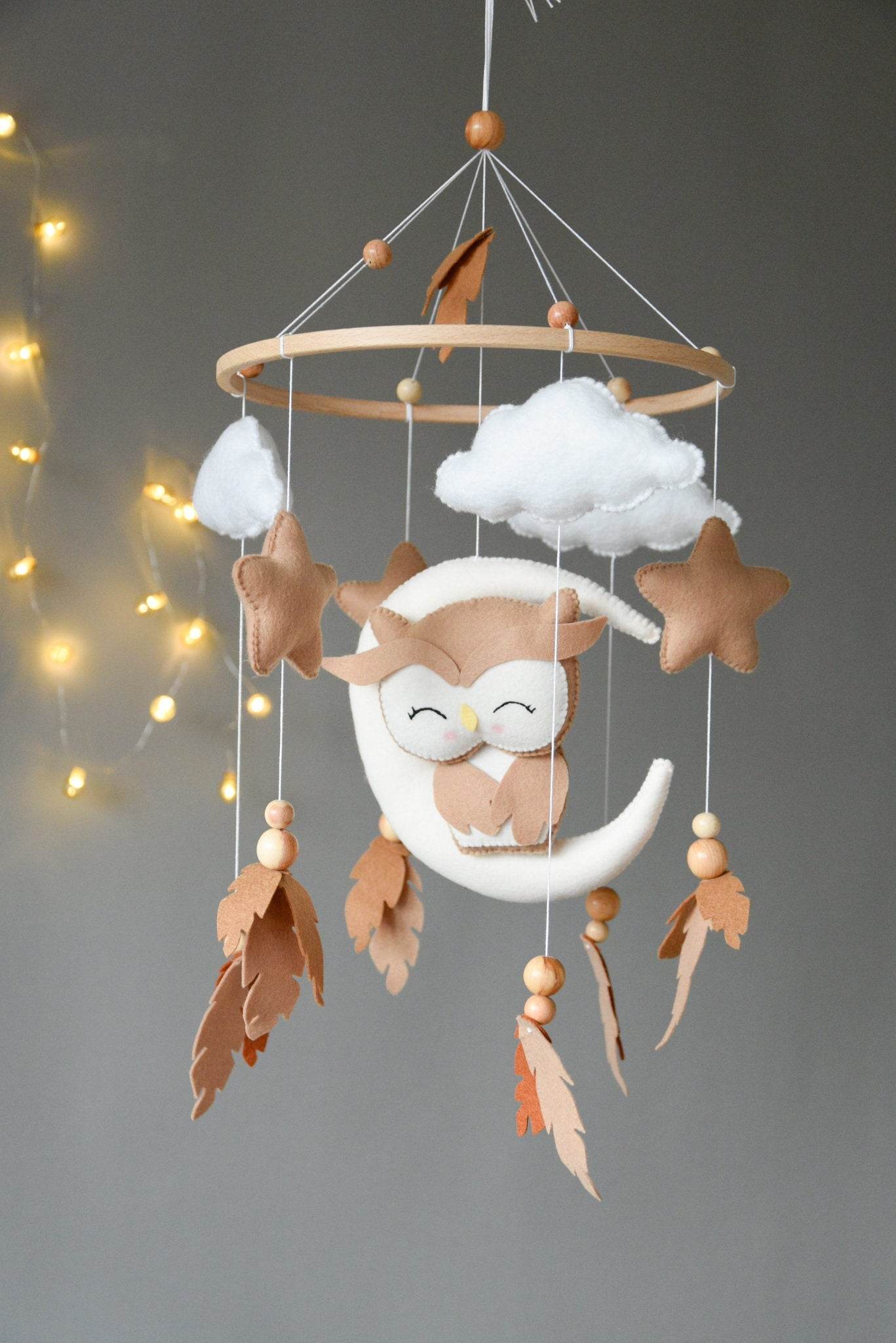 Owl Mobile with clouds and feathers - Minidreams Decor