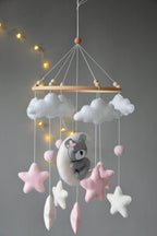 Baby girl pink mobile with gray sleeping bear - Minidreams Decor