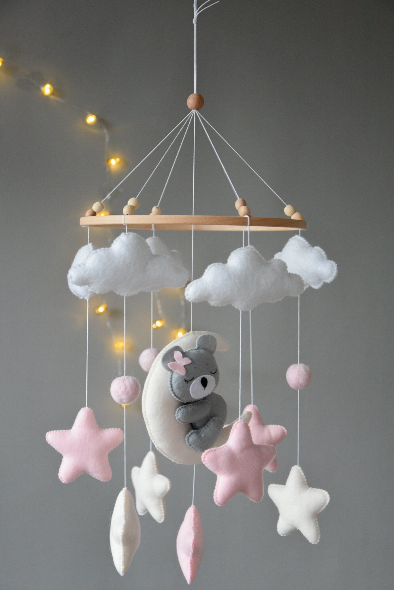 Baby girl pink mobile with gray sleeping bear