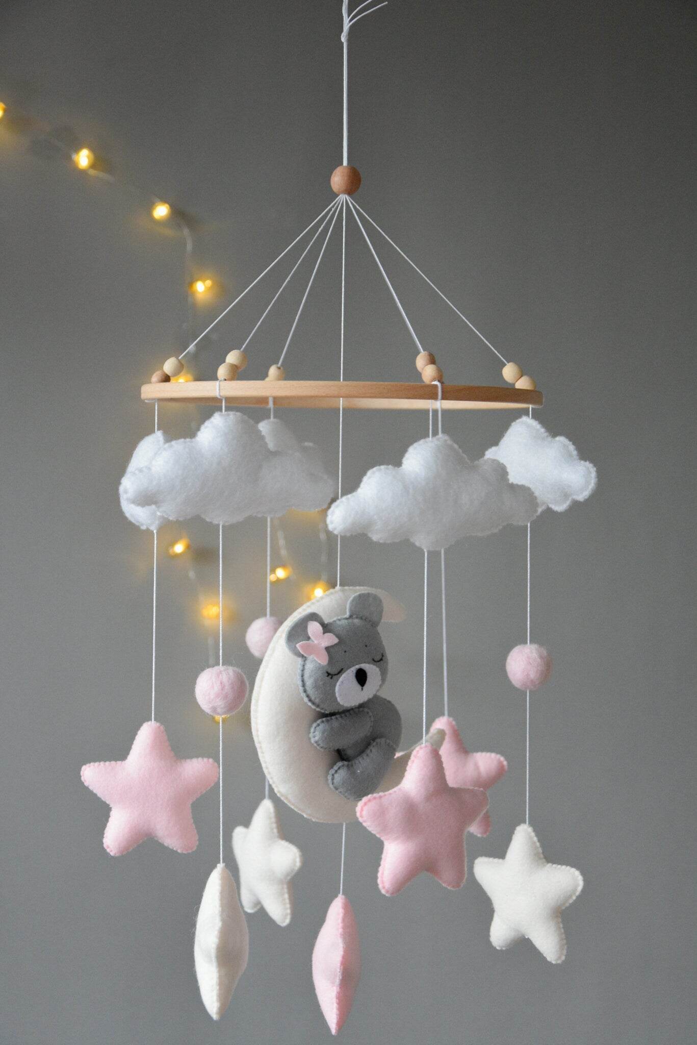 Baby girl pink mobile with gray sleeping bear - Minidreams Decor