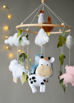 Farm mobile with Cow, Pig, Chicken, Horse, Tractor, Sheep, Cow and leaves - Minidreams Decor
