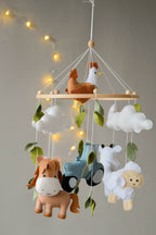 Farm mobile with Cow, Pig, Chicken, Horse, Tractor, Sheep, Cow and leaves - Minidreams Decor