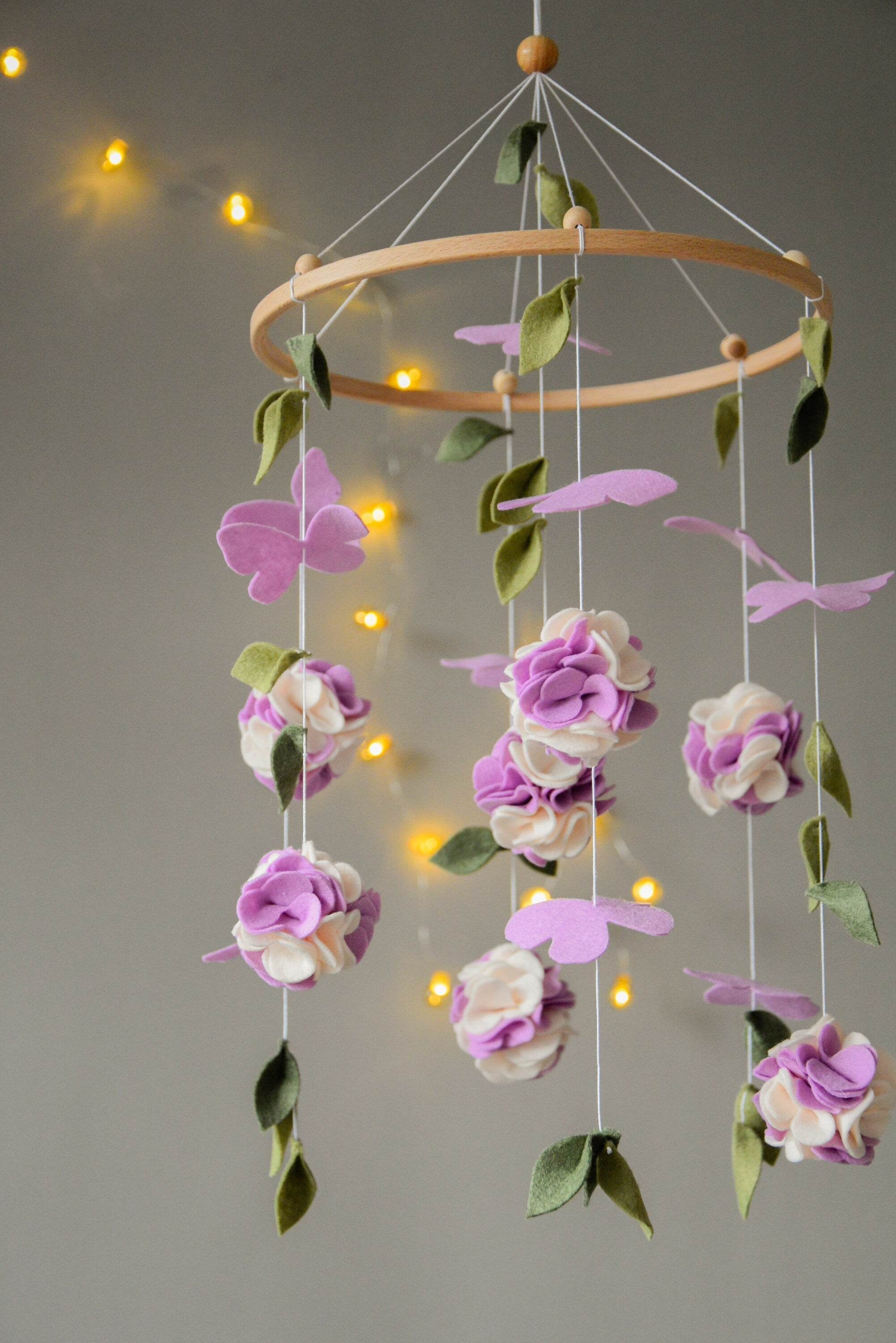 Floral mobile with purple white flower, butterfly and leaves - Minidreams Decor