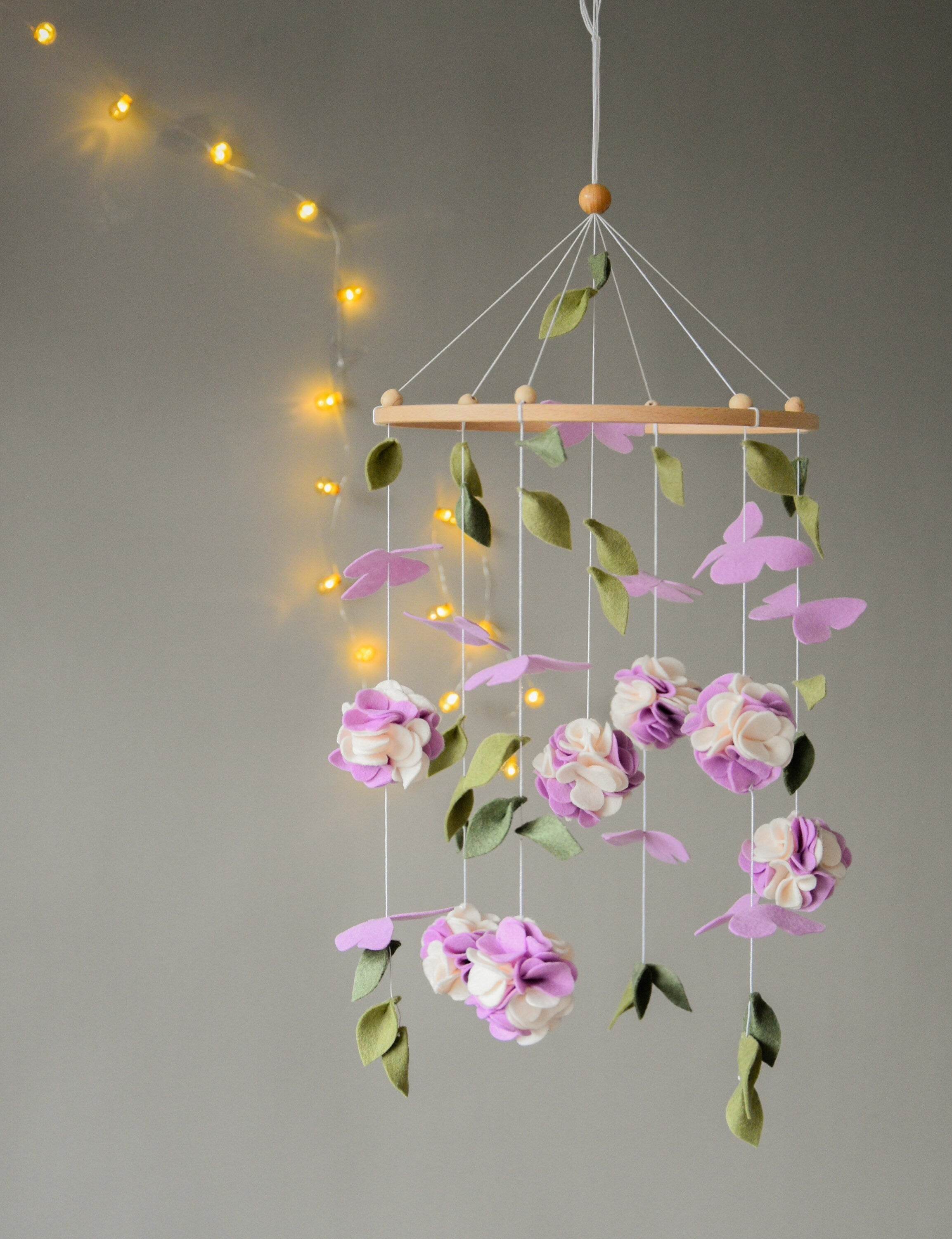 Floral mobile with purple white flower, butterfly and leaves - Minidreams Decor