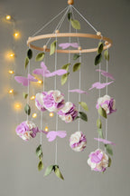 Floral mobile with purple white flower, butterfly and leaves - Minidreams Decor