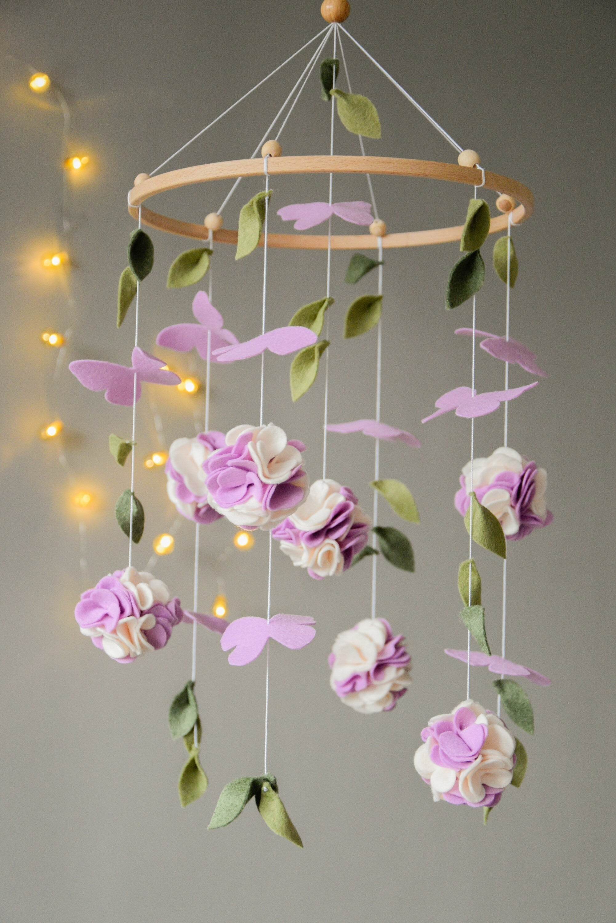 Floral mobile with purple white flower, butterfly and leaves - Minidreams Decor