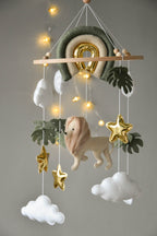 Baby mobile with Lion, golden stars clouds, monstera leaves and rainbow - Minidreams Decor