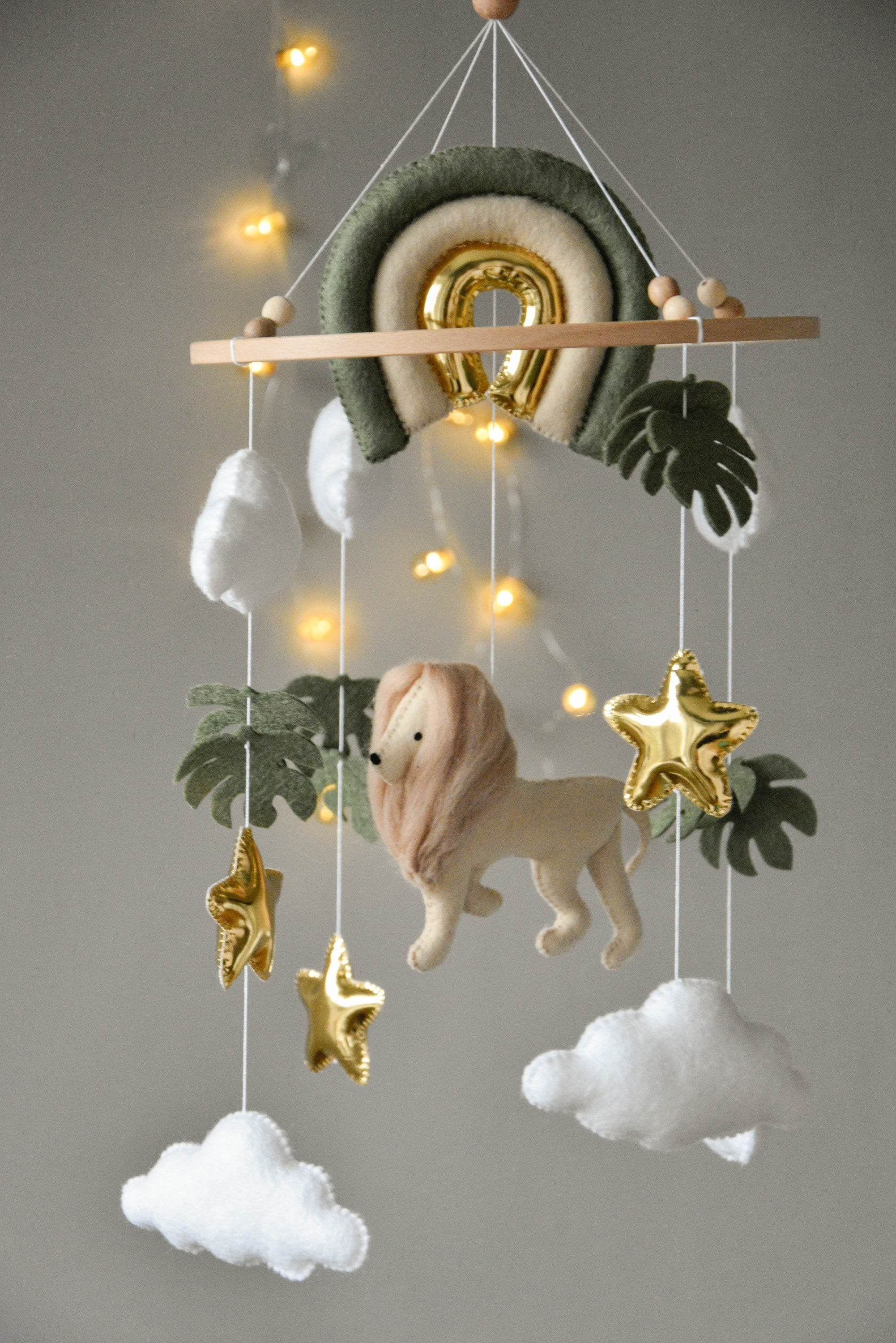 Baby mobile with Lion, golden stars clouds, monstera leaves and rainbow - Minidreams Decor