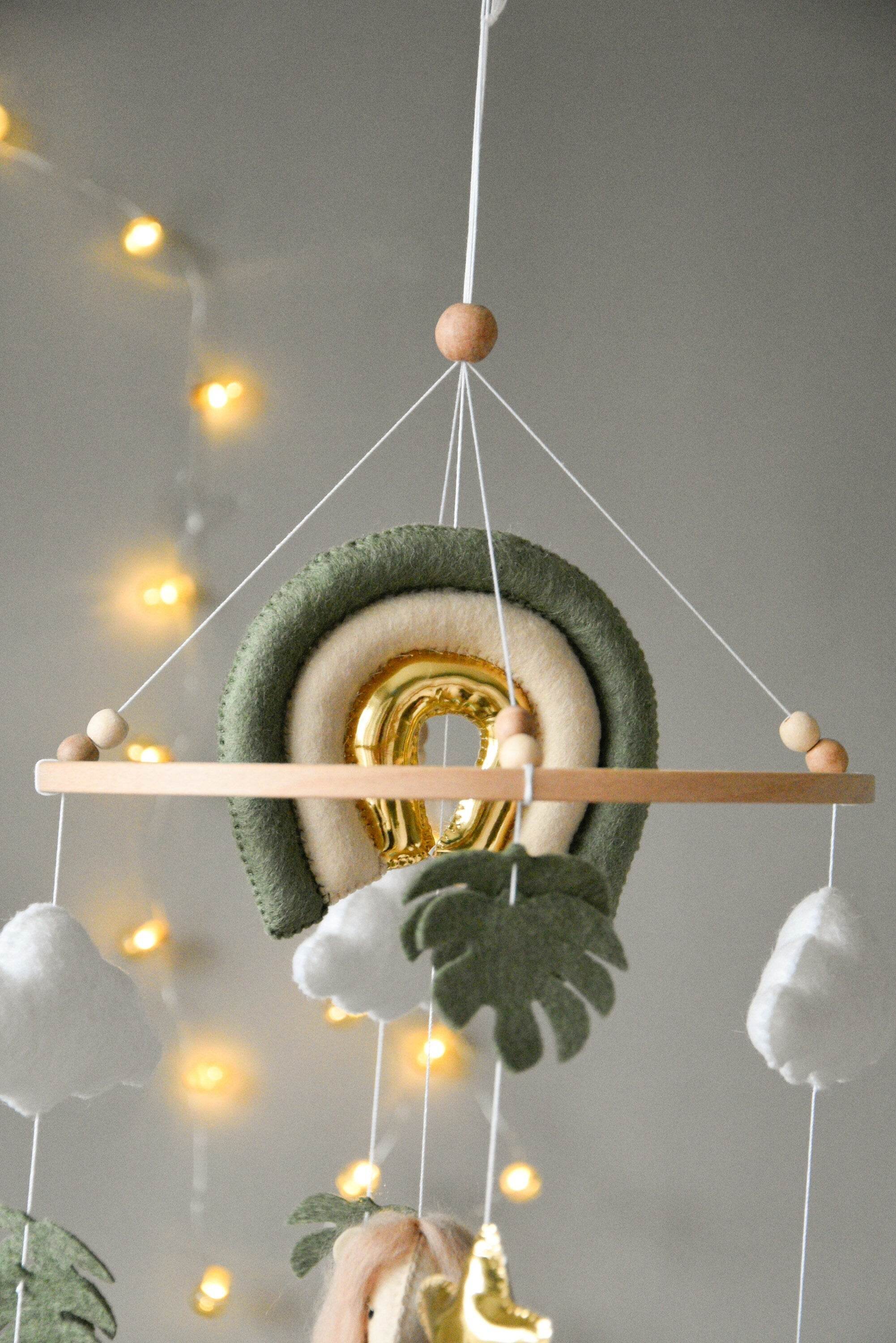 Baby mobile with Lion, golden stars clouds, monstera leaves and rainbow - Minidreams Decor