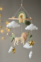 Baby mobile with Lion, golden stars clouds, monstera leaves and rainbow - Minidreams Decor