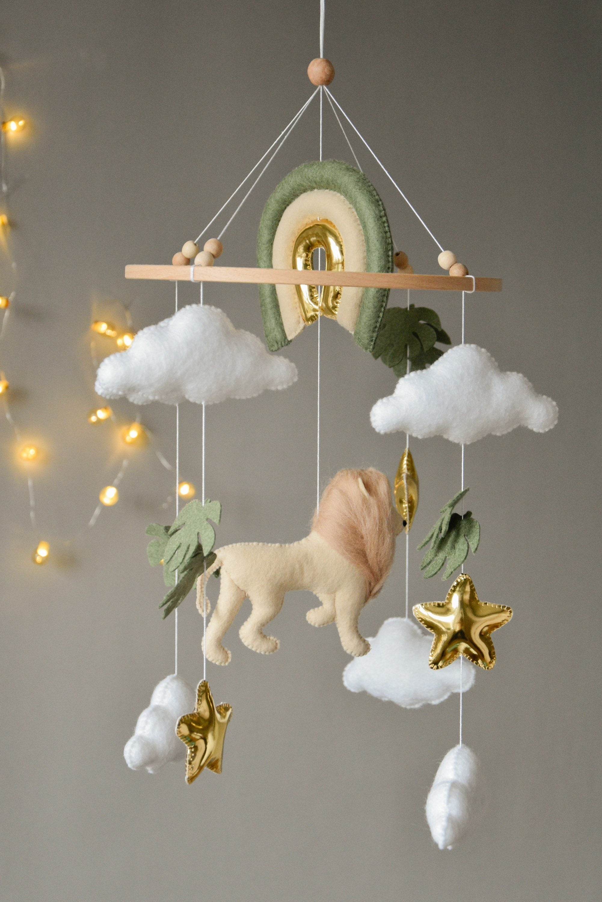 Baby mobile with Lion, golden stars clouds, monstera leaves and rainbow - Minidreams Decor