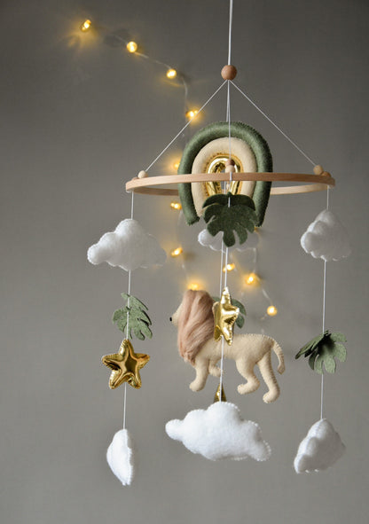 Baby mobile with Lion, golden stars clouds, monstera leaves and rainbow