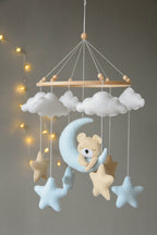 Baby mobile with sleeping/hanging bear, clouds and stars - Minidreams Decor
