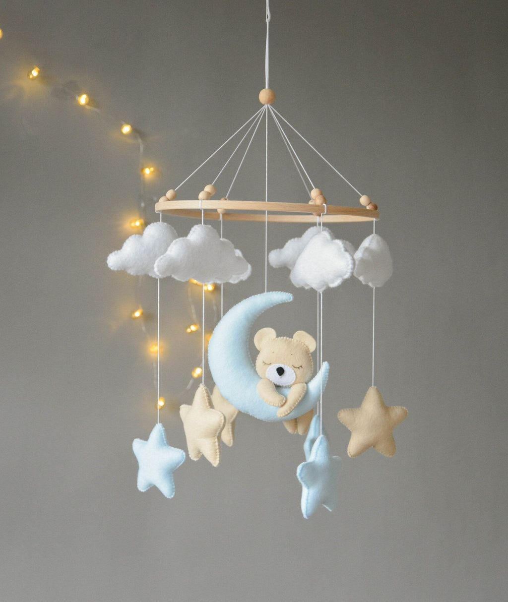 Baby mobile with sleeping/hanging bear, clouds and stars - Minidreams Decor