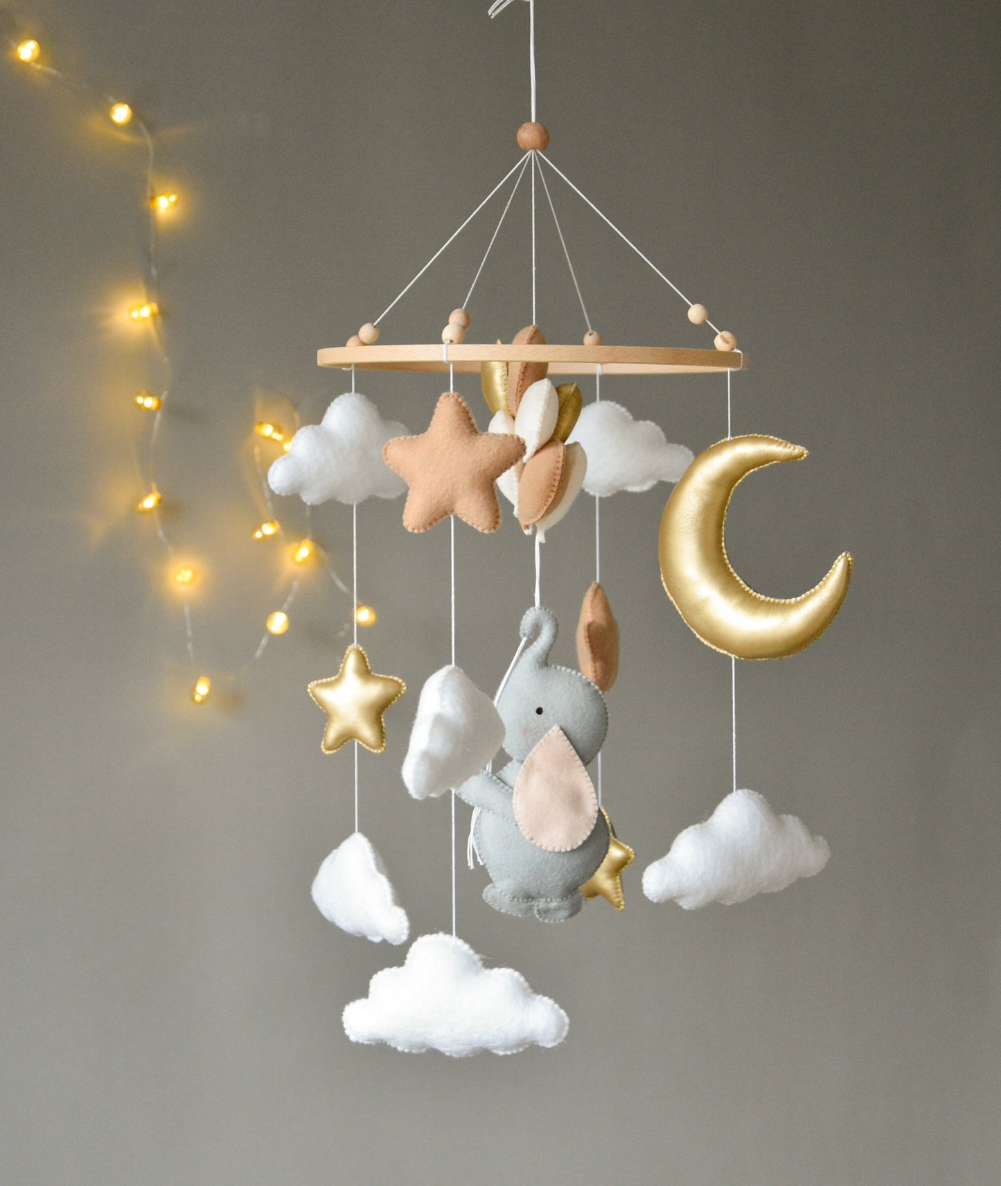 Baby mobile with elephant, moon, clouds and stars