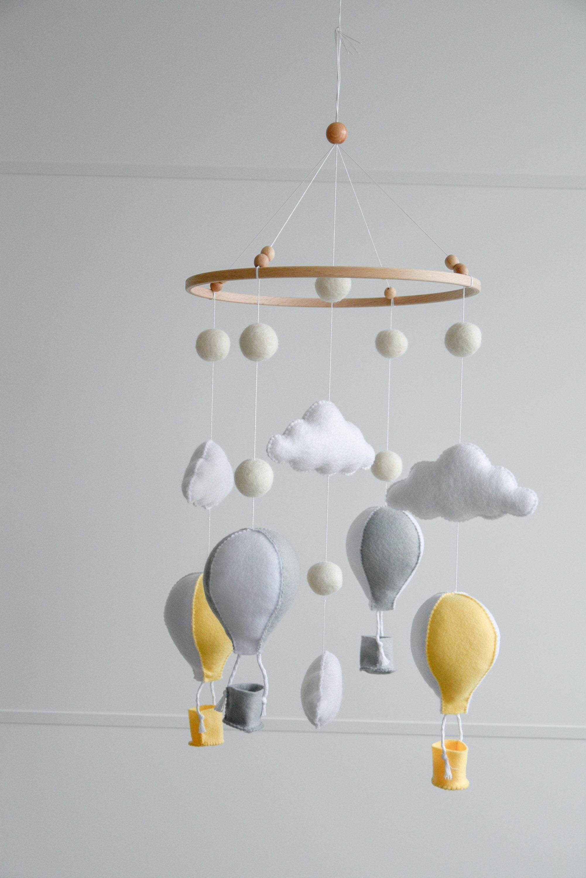 Hot air balloons mobile with felted balls and clouds - Minidreams Decor