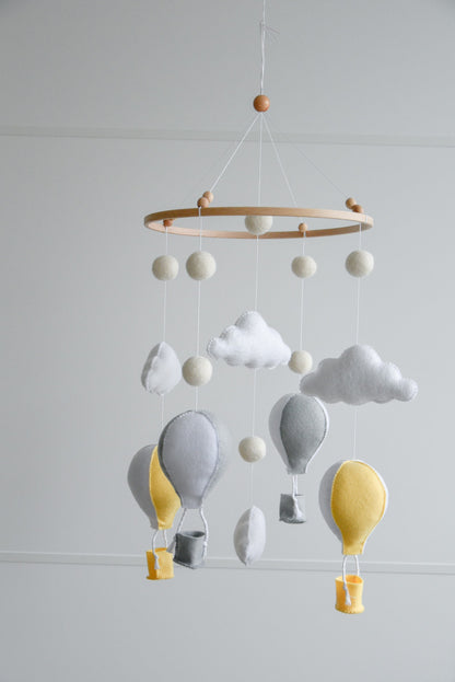 Hot air balloons mobile with felted balls and clouds