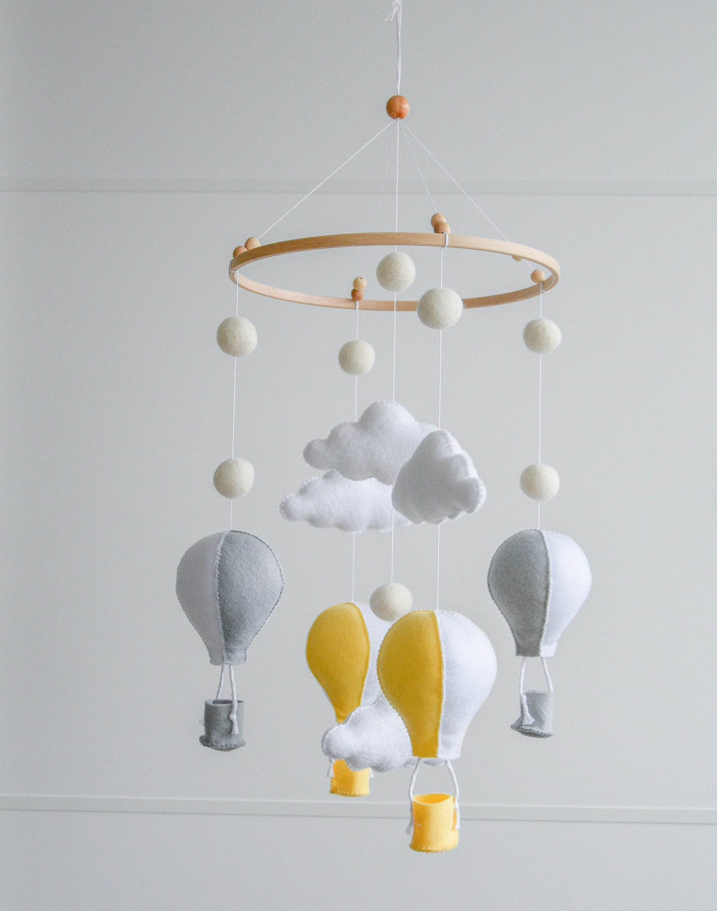 Hot air balloons mobile with felted balls and clouds - Minidreams Decor