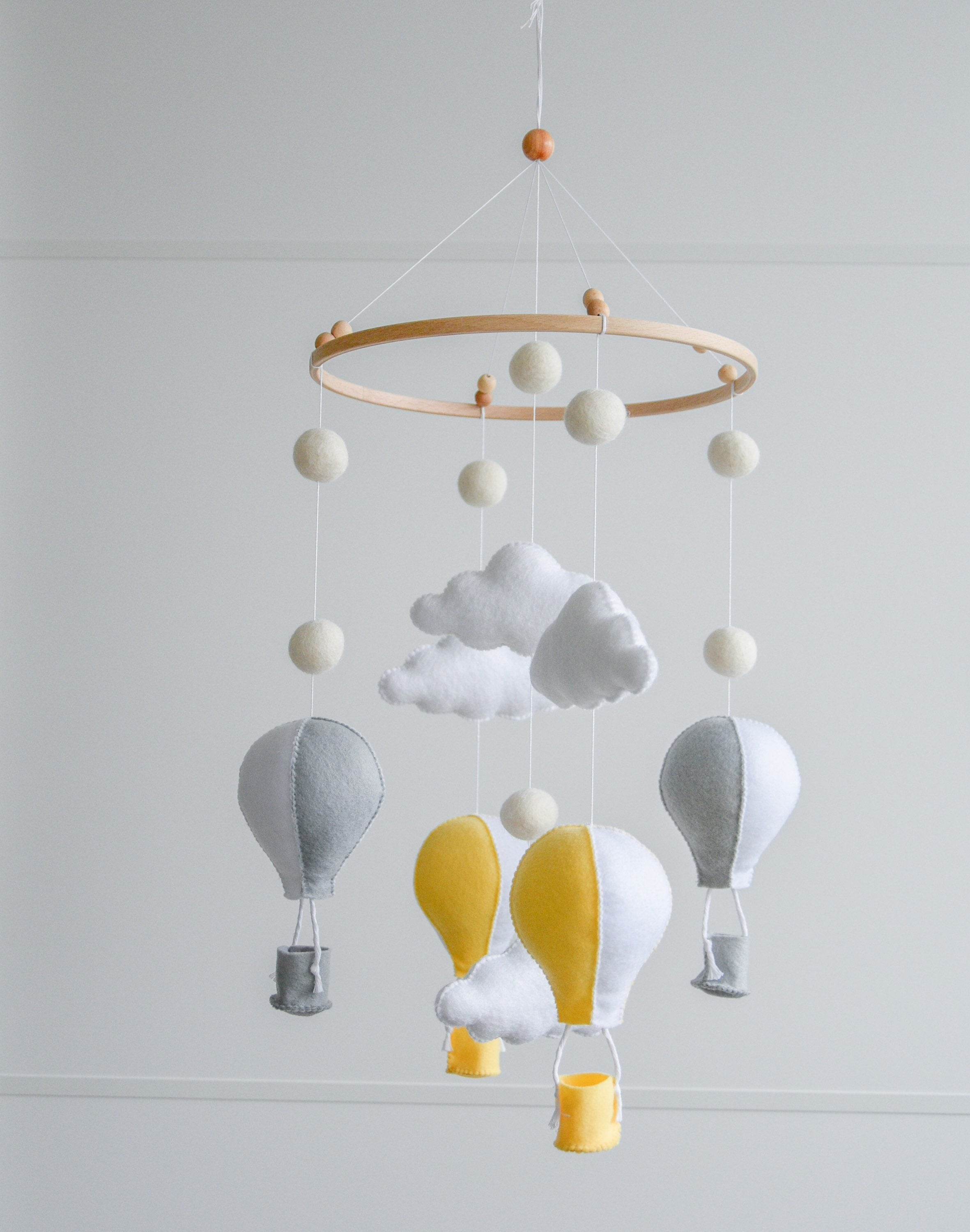 Hot air balloons mobile with felted balls and clouds - Minidreams Decor