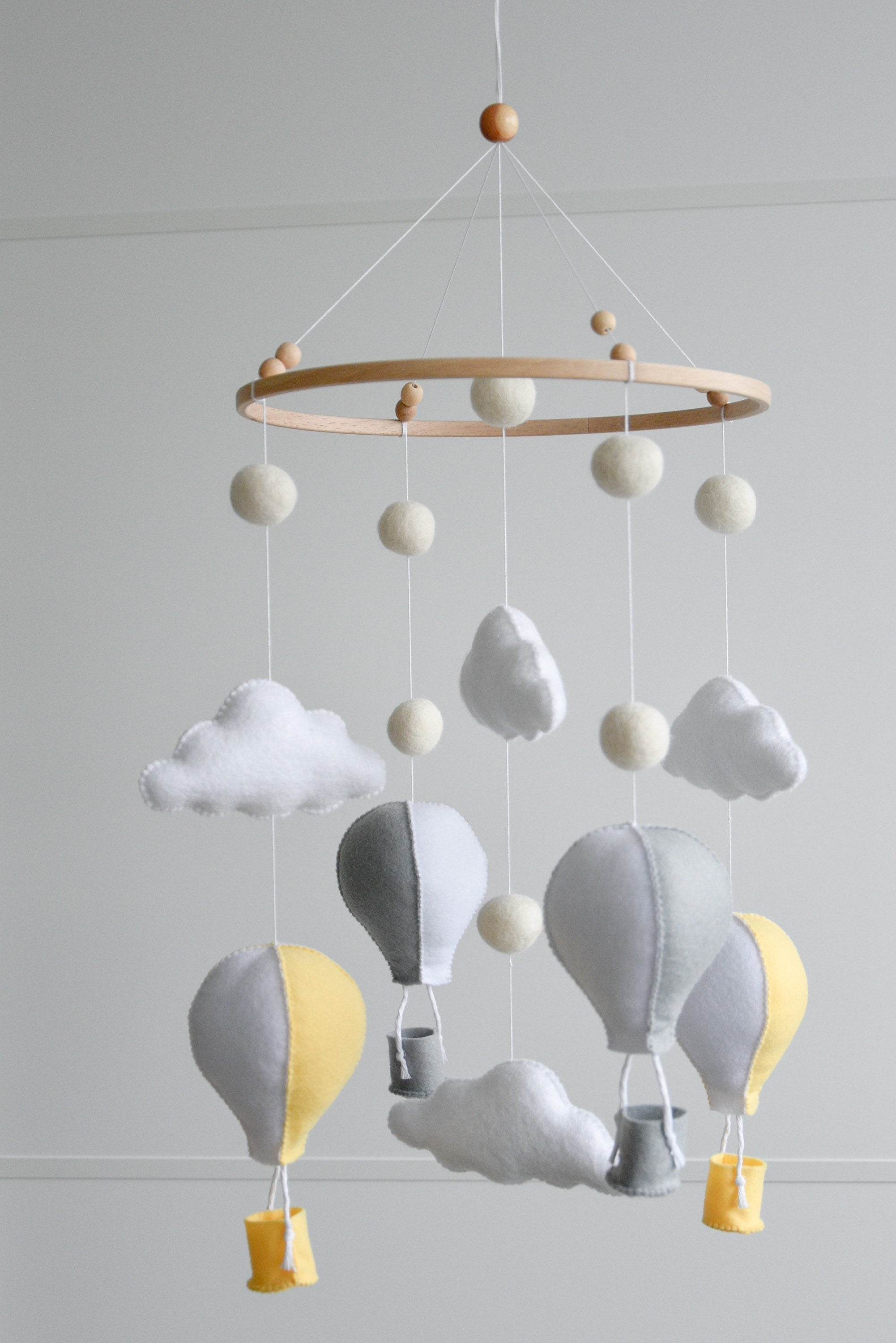 Hot air balloons mobile with felted balls and clouds - Minidreams Decor