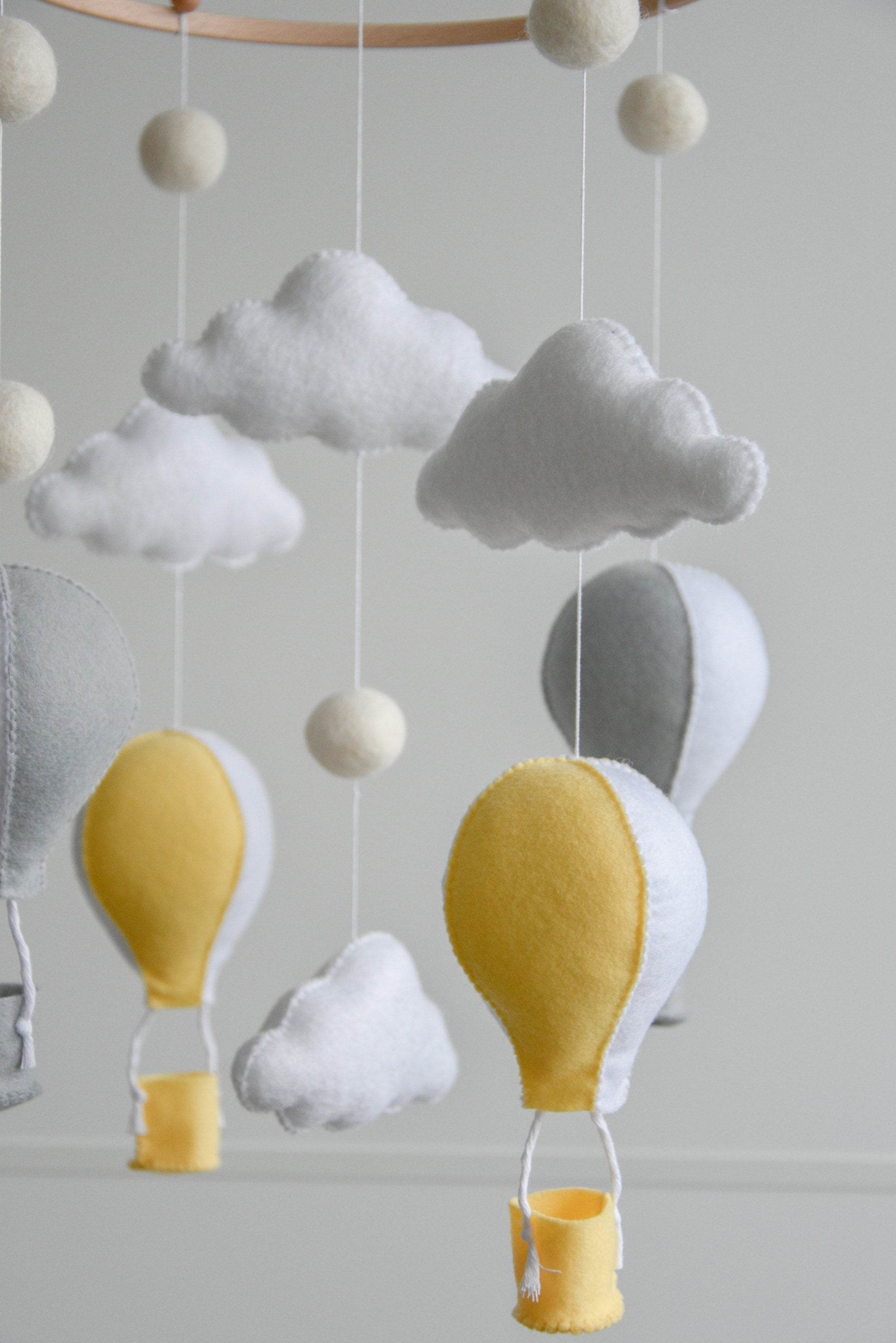Hot air balloons mobile with felted balls and clouds - Minidreams Decor