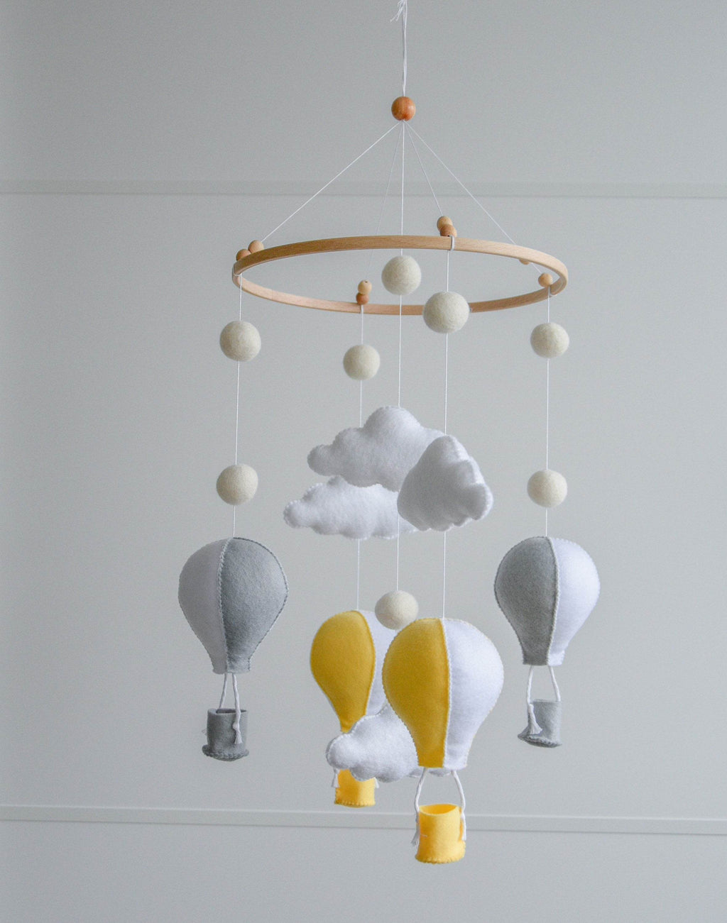 Hot air balloons mobile with felted balls and clouds - Minidreams Decor