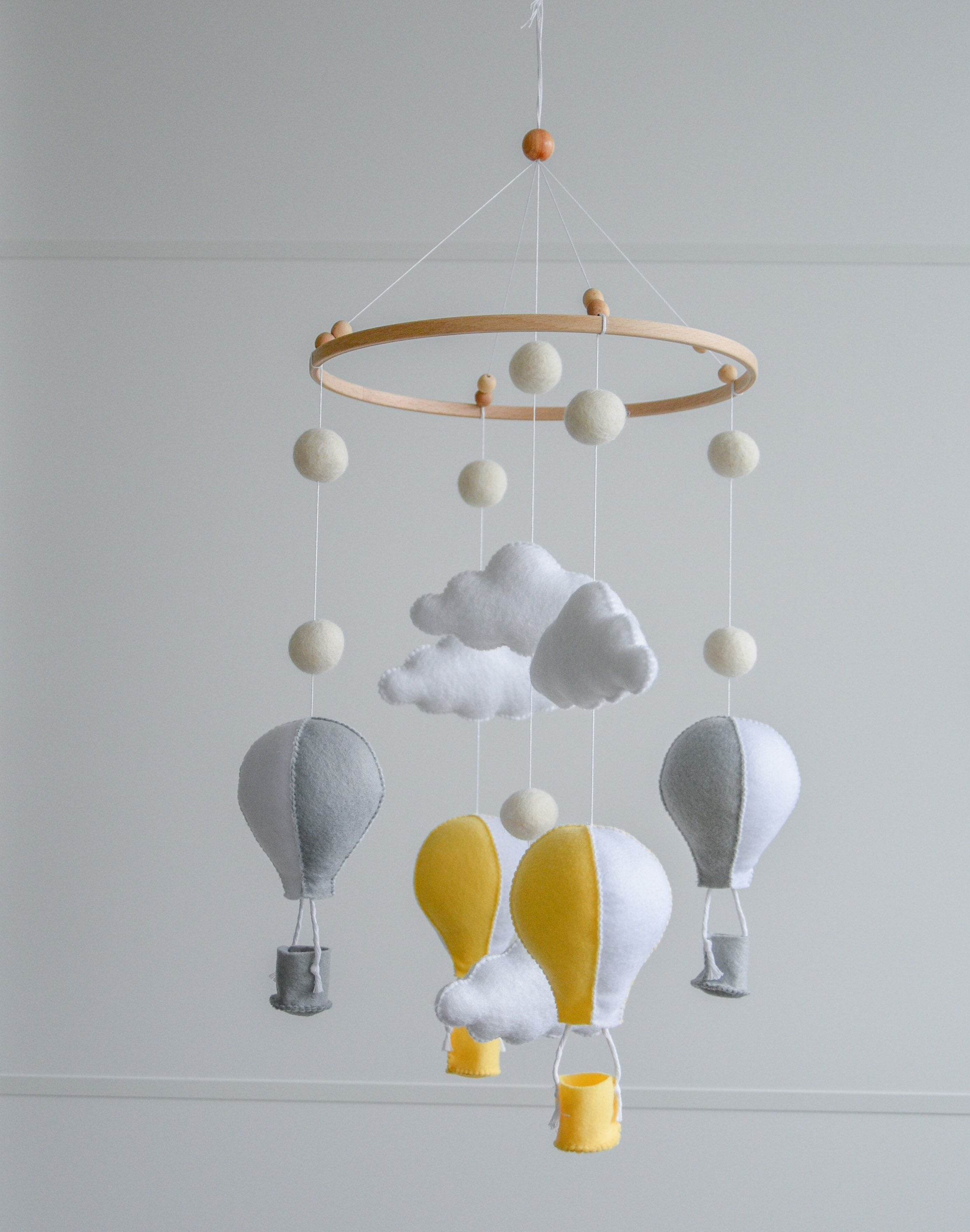 Hot air balloons mobile with felted balls and clouds - Minidreams Decor