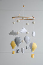 Hot air balloons mobile with felted balls and clouds - Minidreams Decor