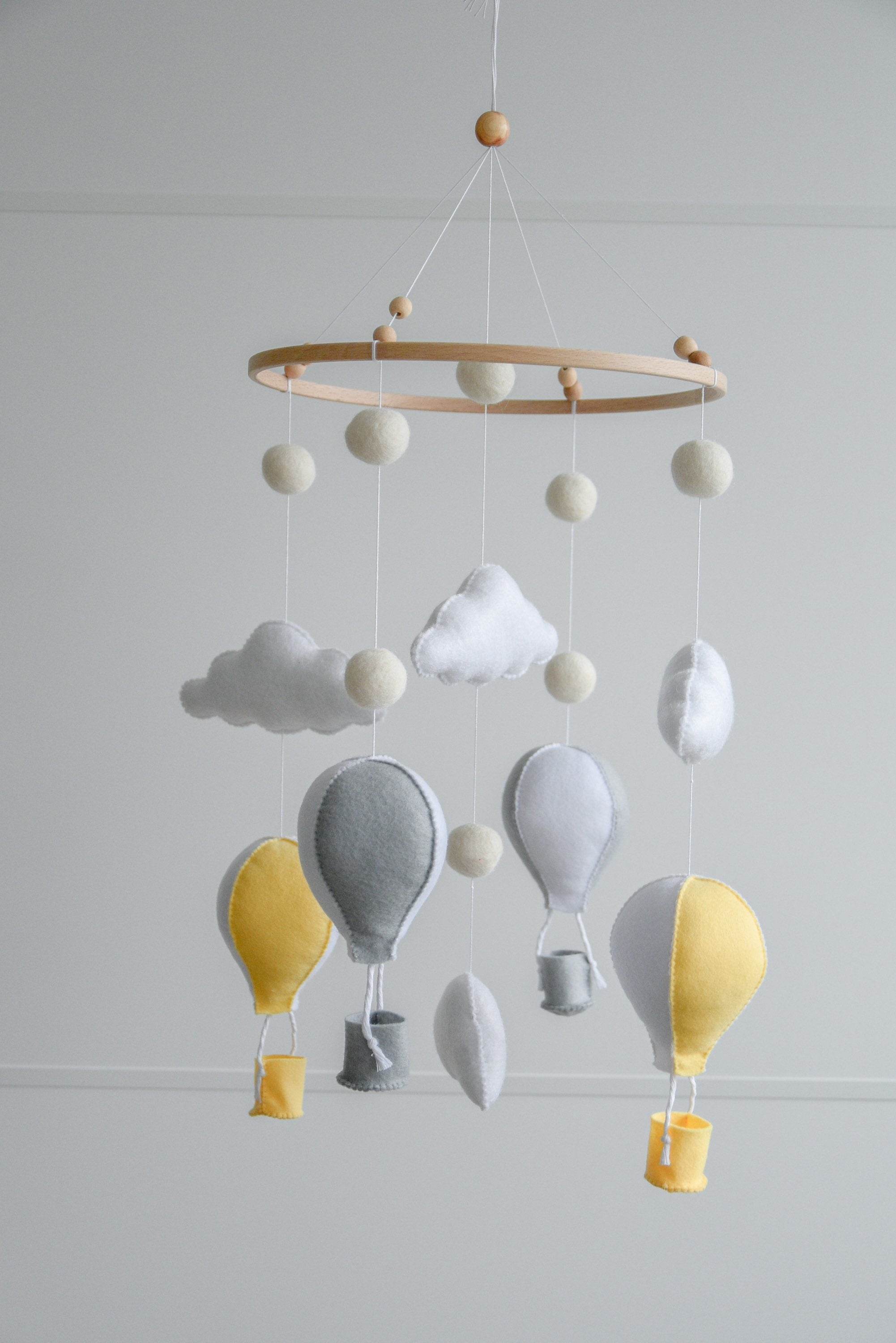 Hot air balloons mobile with felted balls and clouds - Minidreams Decor