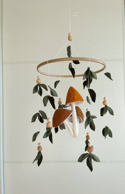 Forest style mobile with mushrooms and leaves