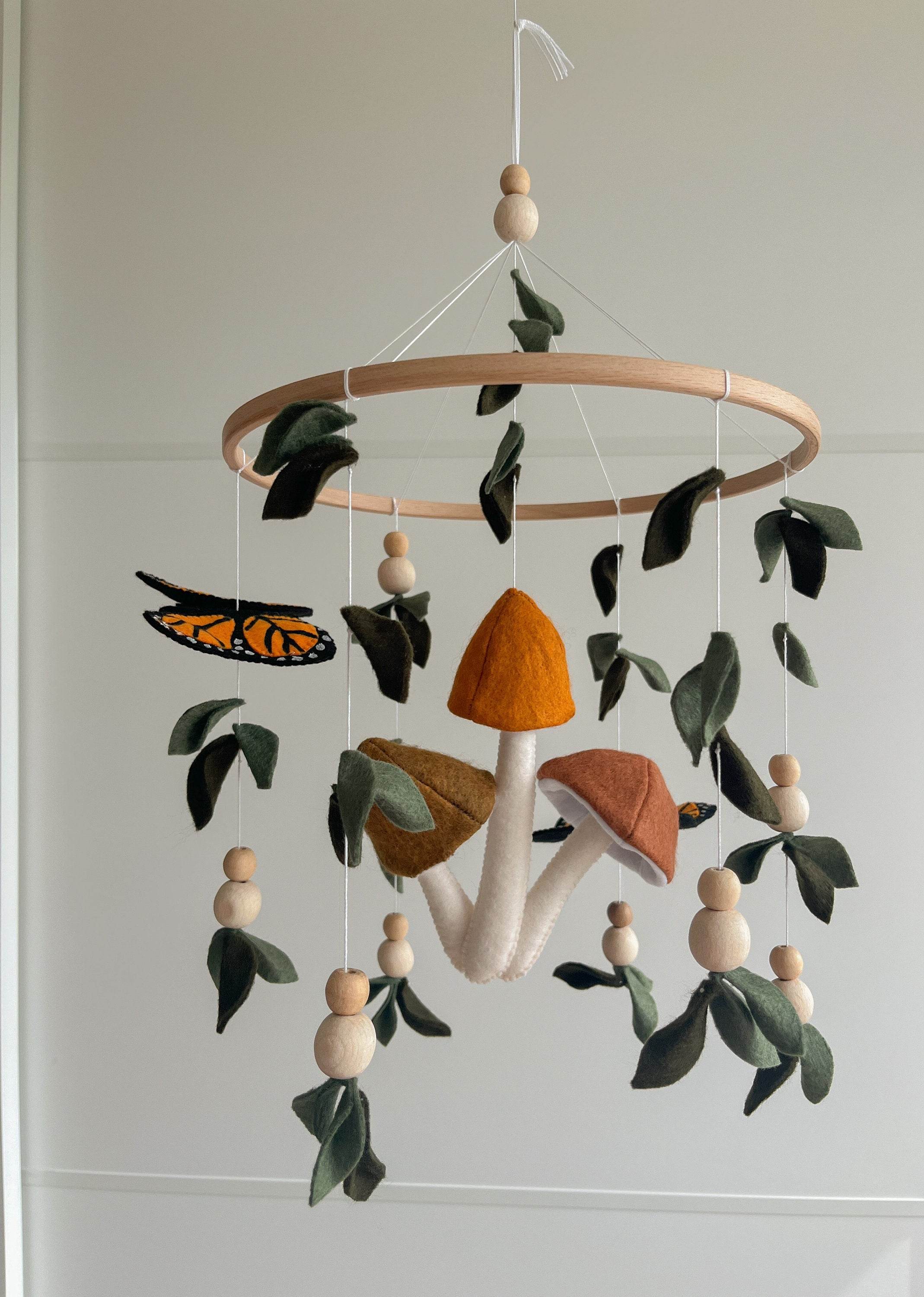 Forest style mobile with Monarch butterfly, Mushrooms and leaves - Minidreams Decor