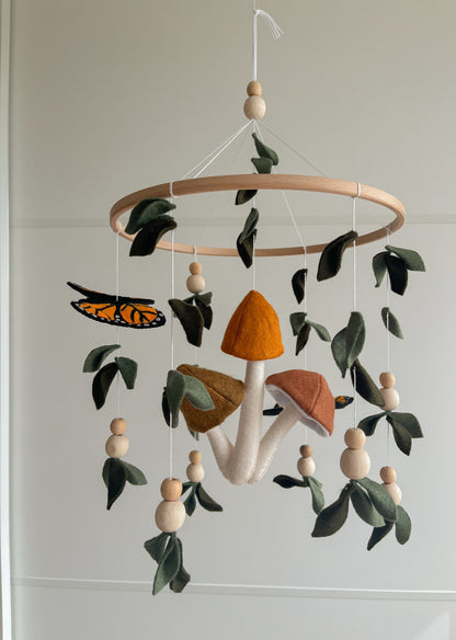 Forest style mobile with Monarch butterfly, Mushrooms and leaves