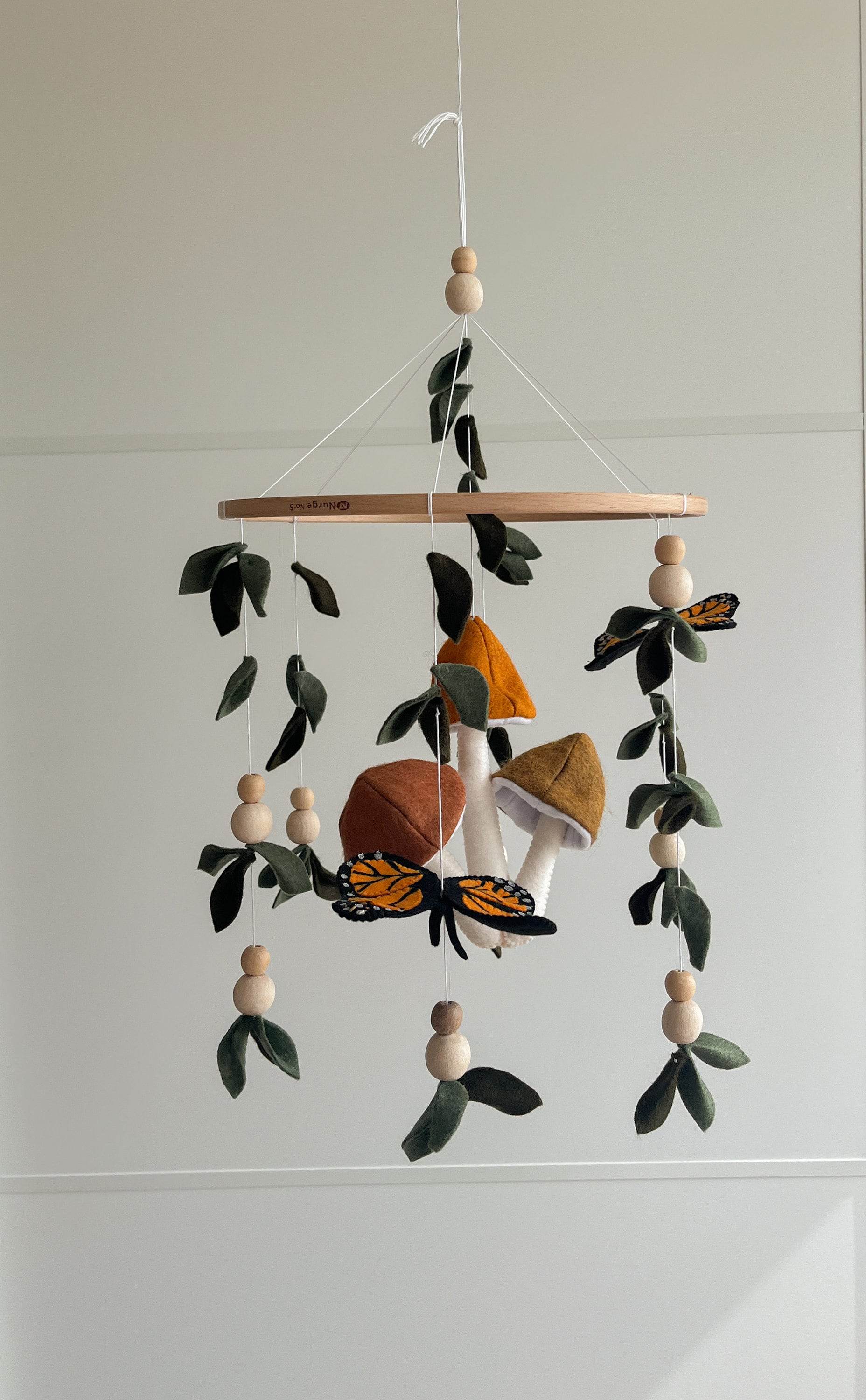Forest style mobile with Monarch butterfly, Mushrooms and leaves - Minidreams Decor