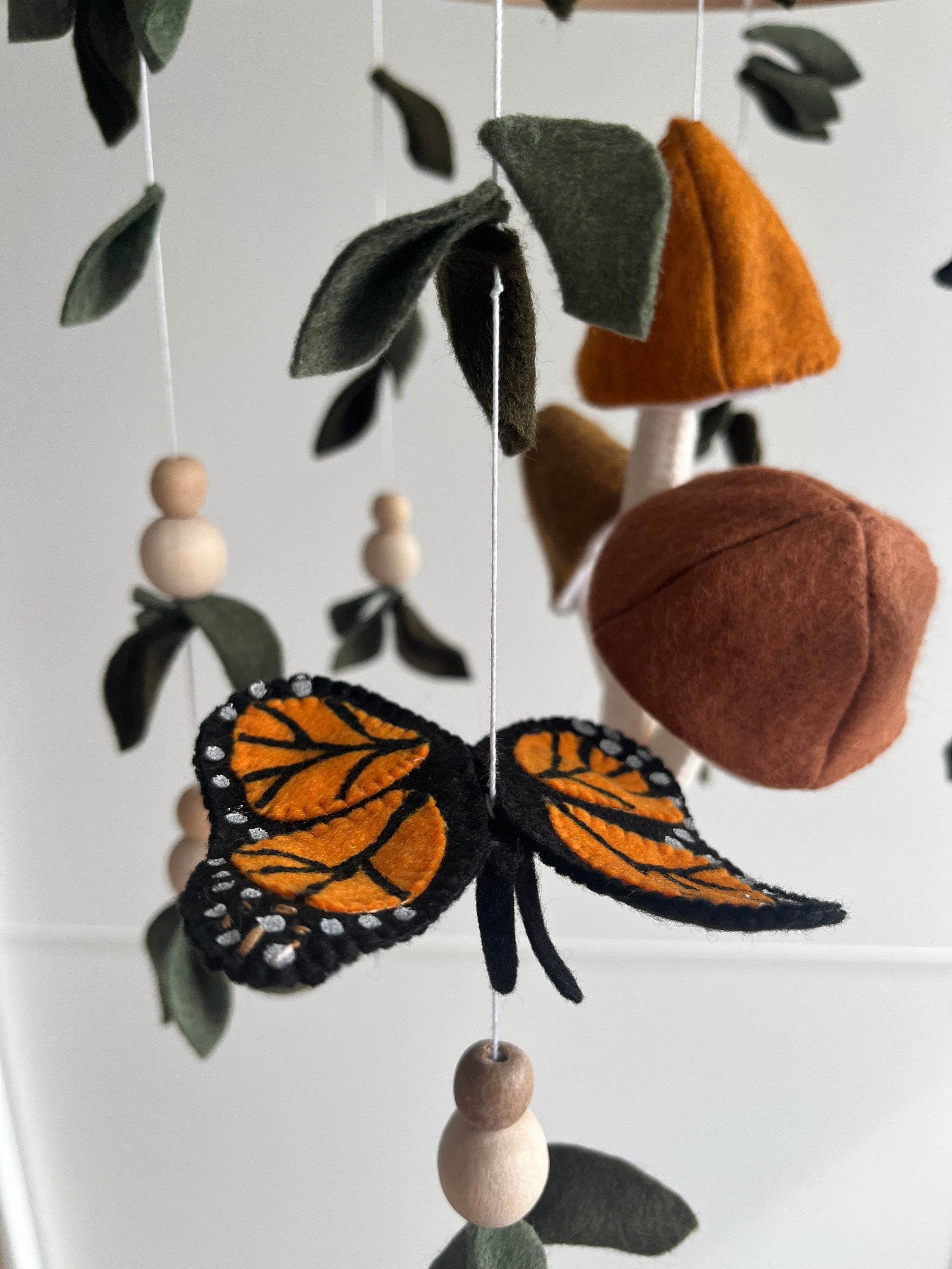 Forest style mobile with Monarch butterfly, Mushrooms and leaves - Minidreams Decor