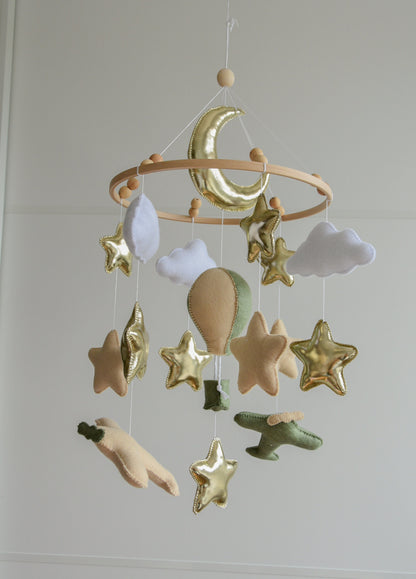 Airplane nursery baby mobile with hot air balloon